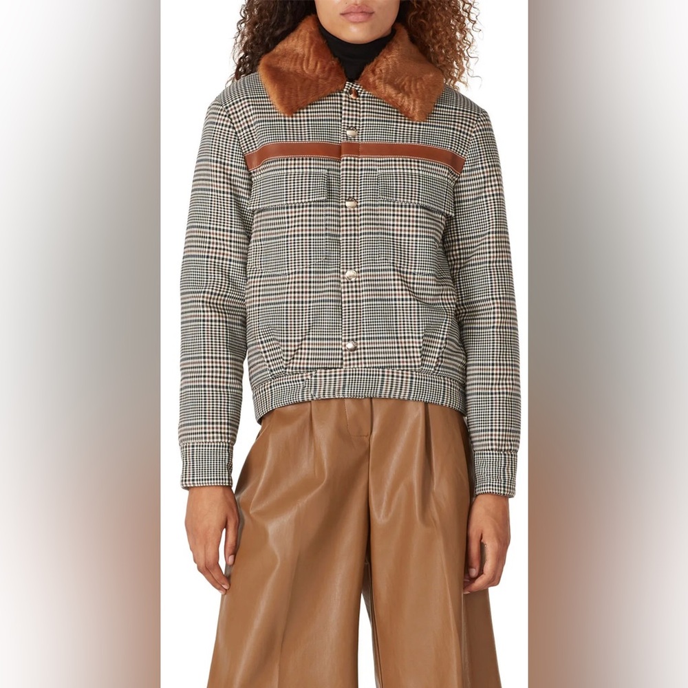 Staud Ryan Bomber Jacket Glen Plaid Faux Fur Collar Grey & Brown Checks Green L